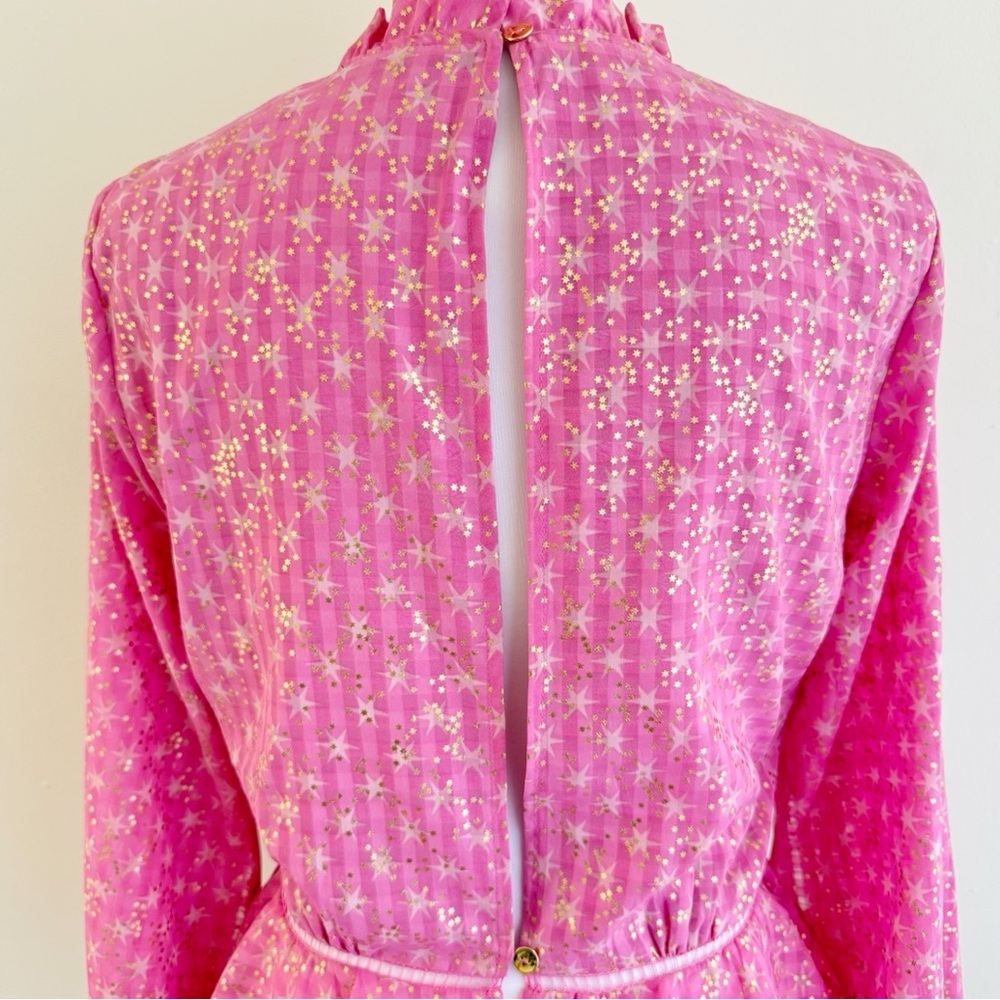 STINE GOYA PINK GOLD STAR PRINT SHIRLEY BACK SLIT OPENING RUFFLE PEPLUM TOP - Picture 3 of 13